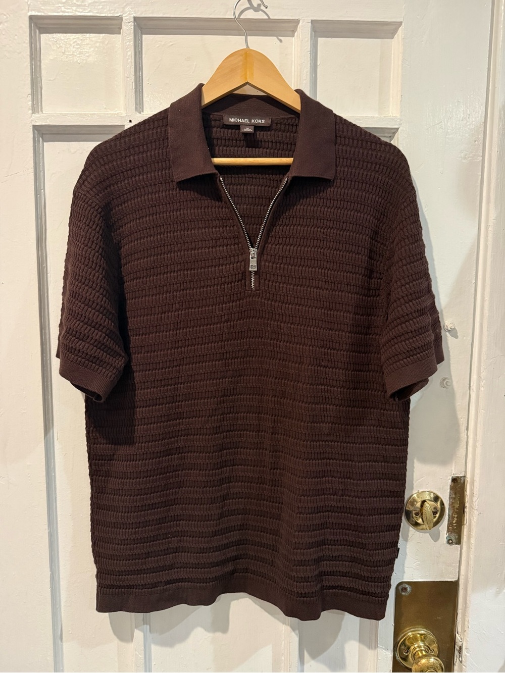 Michael Kors Men's Short Sleeve Zip Polo in Dark Brown